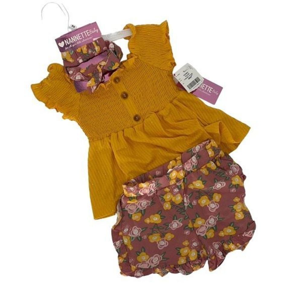 Nannette Kids & Toddler Floral Playwear 2 Piece Outfit Yellow Brown Size 18M NWT